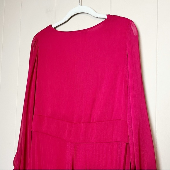 ZARA Pleated Midi Dress Large Fuchsia pink solid long sleeve flowy twist front - Picture 6 of 14